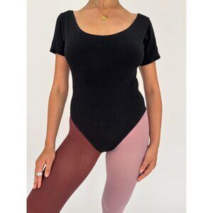 90s vintage black classic stretch short sleeved one piece dance leotard bodysuit